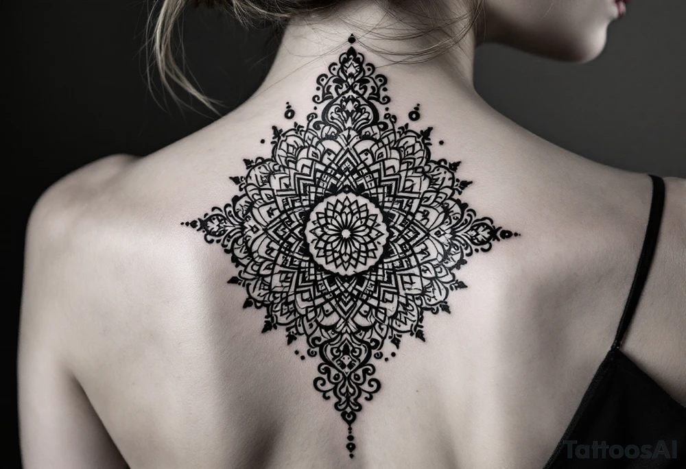 spine tattoo design with symmetrical ornamental patterns, combining dotwork, mandala elements, and flowing lines that follow the natural curves of the body. The design is intricate and balanced.” tattoo idea