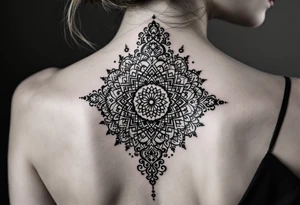 spine tattoo design with symmetrical ornamental patterns, combining dotwork, mandala elements, and flowing lines that follow the natural curves of the body. The design is intricate and balanced.” tattoo idea