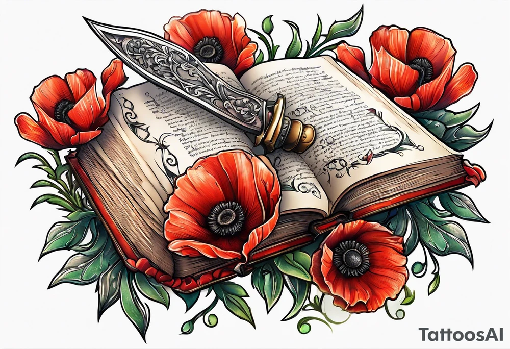 A dagger through a book surrounded by poppy flowers tattoo idea