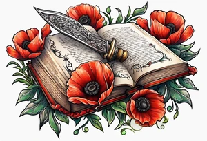 A dagger through a book surrounded by poppy flowers tattoo idea