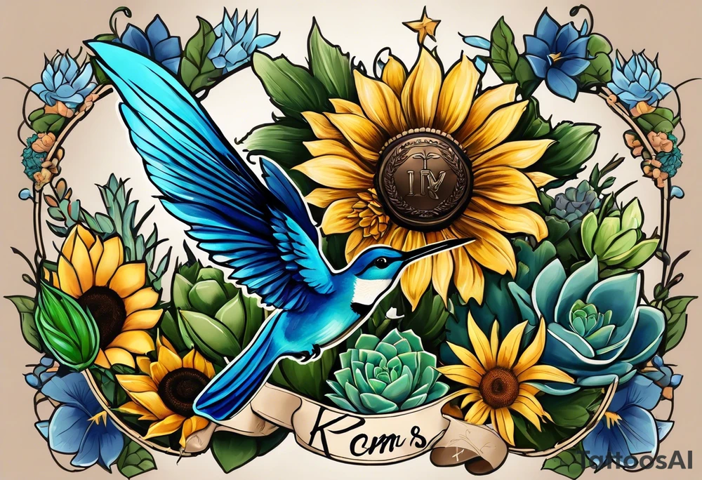 Half sleeve with blue bonnet, humming bird, succulents, sunflower, state of Texas outline, RN caduceus, small needle with thread, small baseball, small police badge, small sailor hat, small paint palette, initials KBM, initials KJM tattoo idea