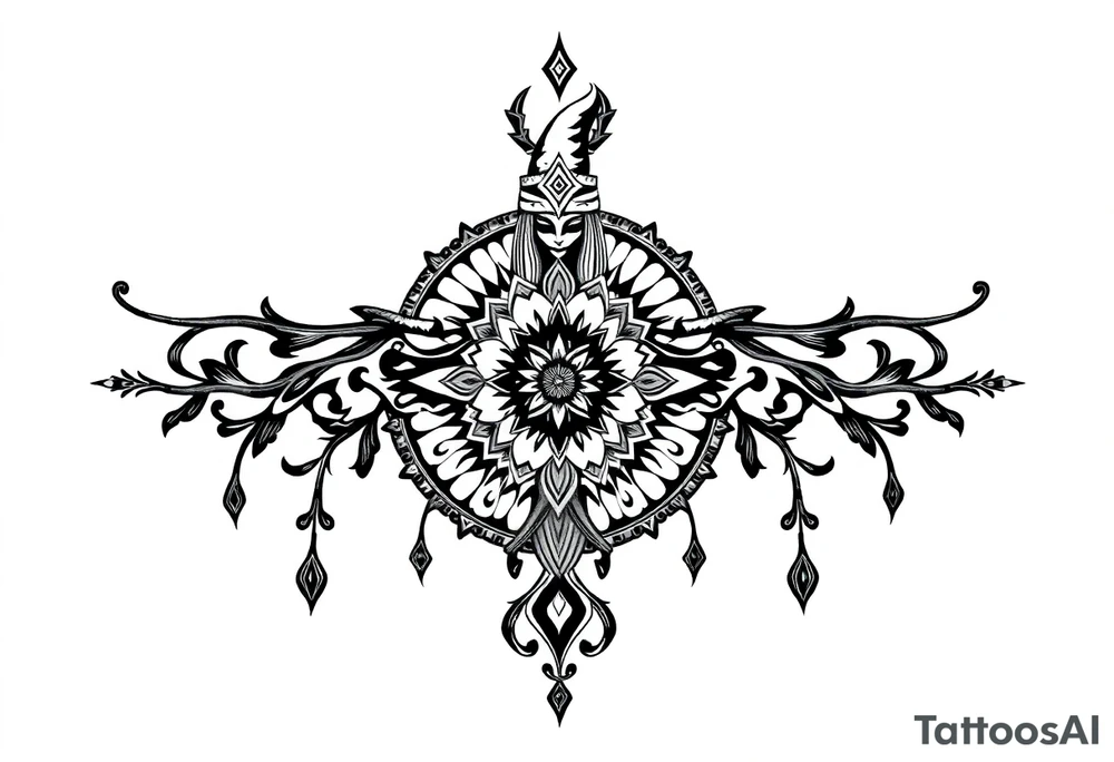 mystical dark and long ornament with shaman and witch mytolog and ancient rhyme tattoo idea