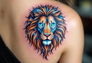 The Leo constellation is woven into the flowing mane of a copper-toned lion, glowing with cosmic blues and silvers. tattoo idea