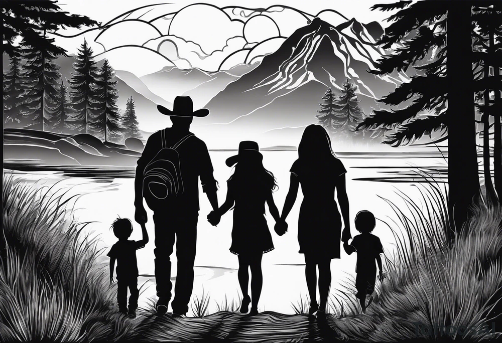 Pacific Northwest landscape, father , mother, son and daughter shadow
Mexican American inspiration. Family of four. Add faith tattoo idea