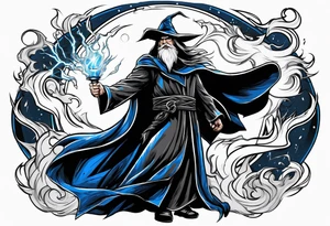 Yelling wizard directing a lightning strike with blue lightning and a black cloak tattoo idea