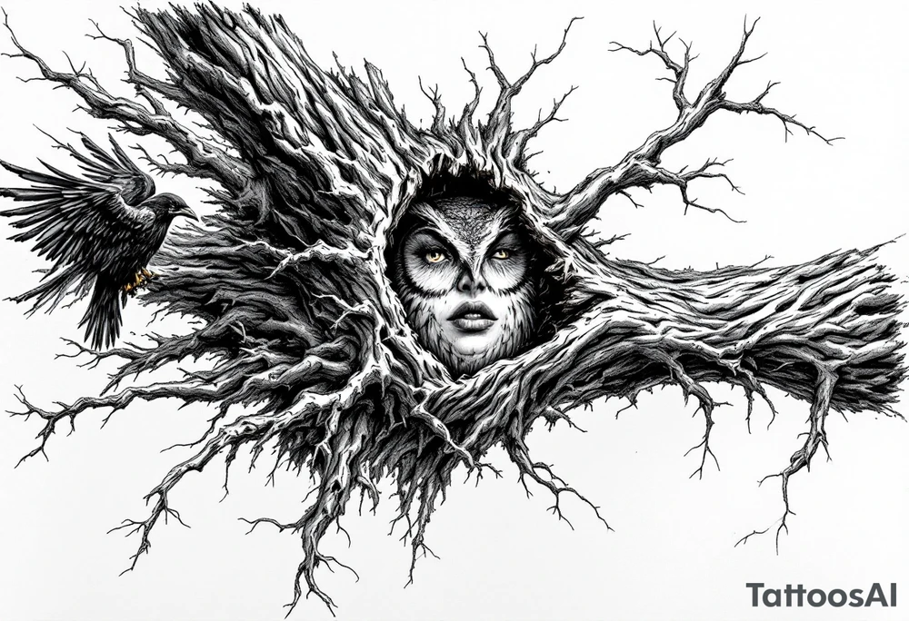 tree bark with face carved into it raven on shoulder and owl inside arm tattoo idea