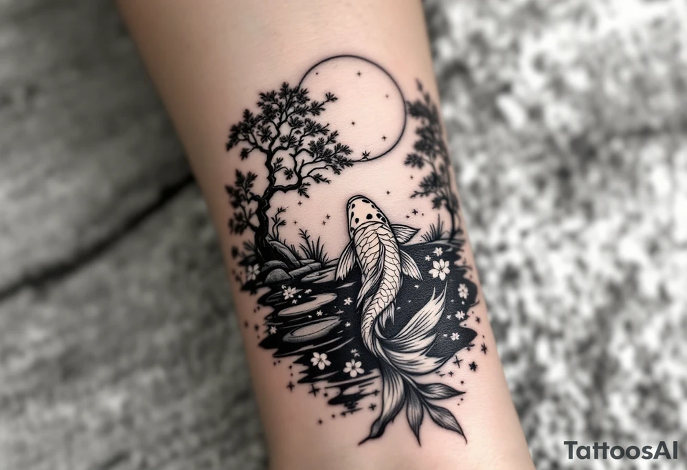 a koi fish swimming upstream in a pond moonlight by the full moon with a sakura tree by the pond surrounded by lighting tattoo idea