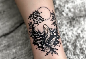 a koi fish swimming upstream in a pond moonlight by the full moon with a sakura tree by the pond surrounded by lighting tattoo idea