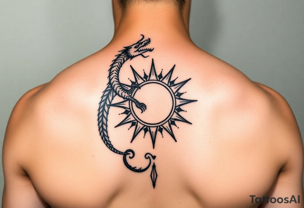 A symbolic back tattoo featuring a minimalist tribal-style dragon wrapped around a radiant sun, incorporating Amazigh (Berber) symbols for strength, freedom, and identity. The design should reflect themes of transformation, grounding, and soul direction, resonating with a journey of inner rebirth and spiritual embodiment. Style: fine linework, sacred geometry, tribal influence, and dotwork. Ink: black or dark brown. tattoo idea