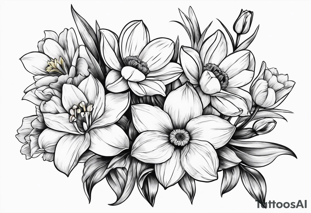 Small Bouquet of daffodils gerberas and tulips tattoo idea