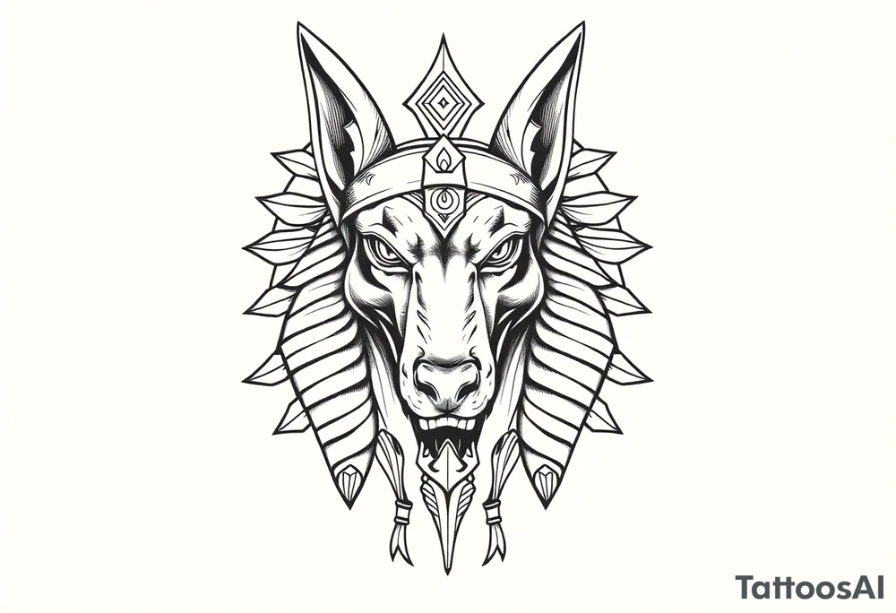 Egyptian Anubis god face muscle in Egypt style  with mantle on head

dog face surrounded Egyptian symbols based on elements tattoo idea