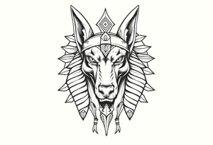 Egyptian Anubis god face muscle in Egypt style  with mantle on head

dog face surrounded Egyptian symbols based on elements tattoo idea