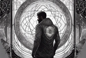 Jehovah looking out at the marvels of his creation from the atoms to the galaxy and celestial beings. With grey wash and a fantasy theme tattoo idea