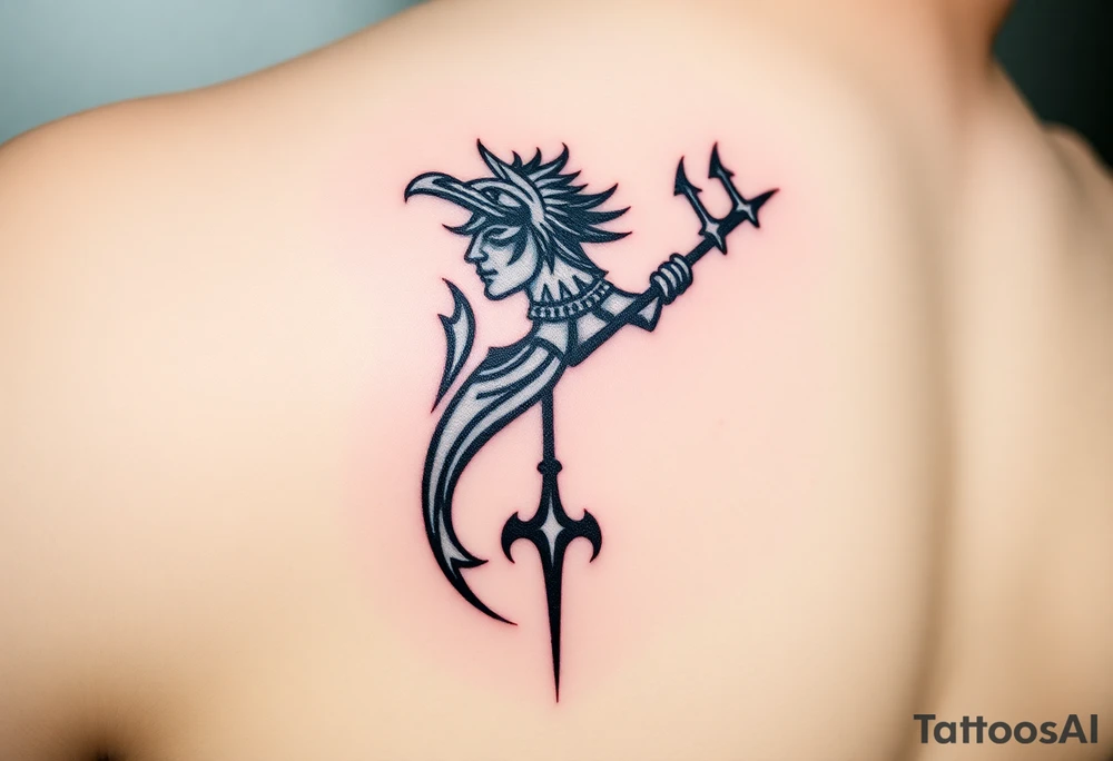 Tatouage de bras complet, Poséidon sortant de l'eau avec le trident vers le bas, tattoo idea
