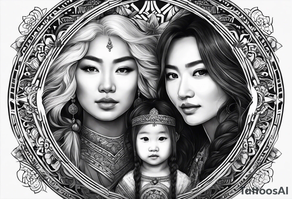 three eurasian people side by side. a really really young Daughter on the left, mother in the middle, really really old grandmother on the right. greater age difference, in an artfully decorated frame tattoo idea
