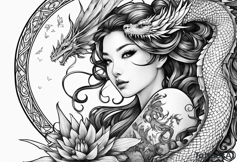 fairy nymph with a dragon friend tattoo idea