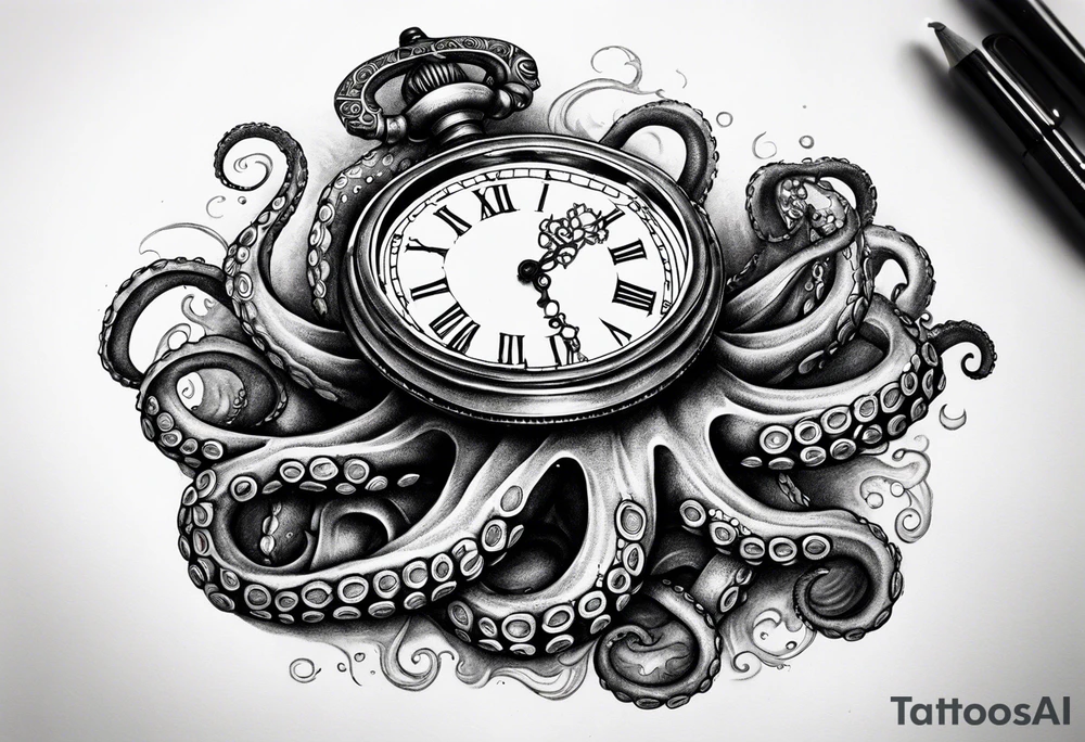 Octopus attacking an old pocket watch with his tentacles tattoo idea Octopus attacking an old pocket watch with his tentacles tattoo idea