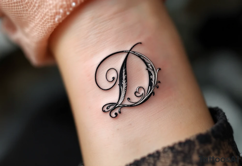 Elegant Script D – A flowing cursive letter D in black ink with delicate silver filigree details wrapping around the curves. tattoo idea