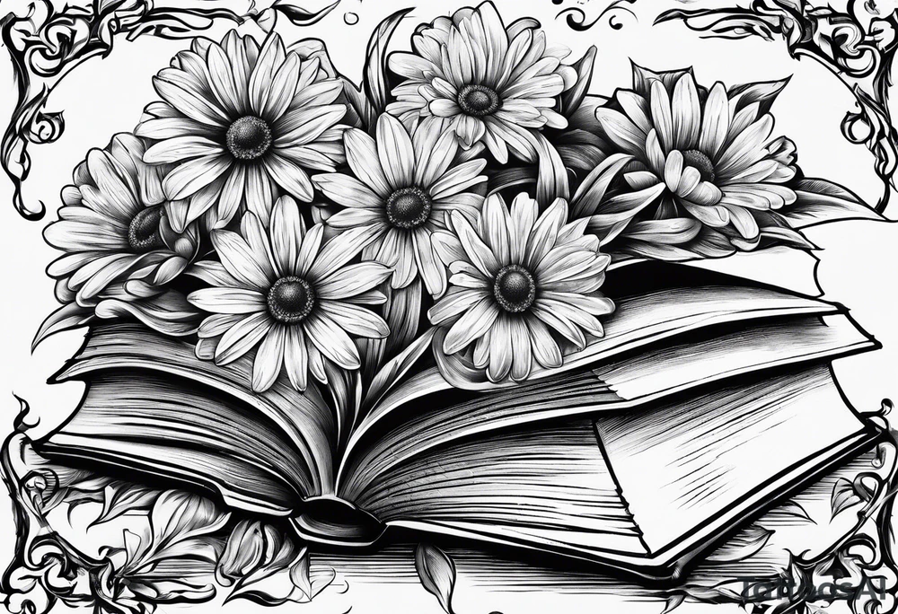 open book with a daisy bouquet tattoo idea