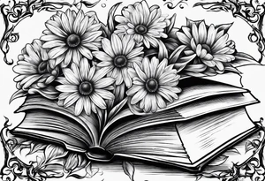 open book with a daisy bouquet tattoo idea