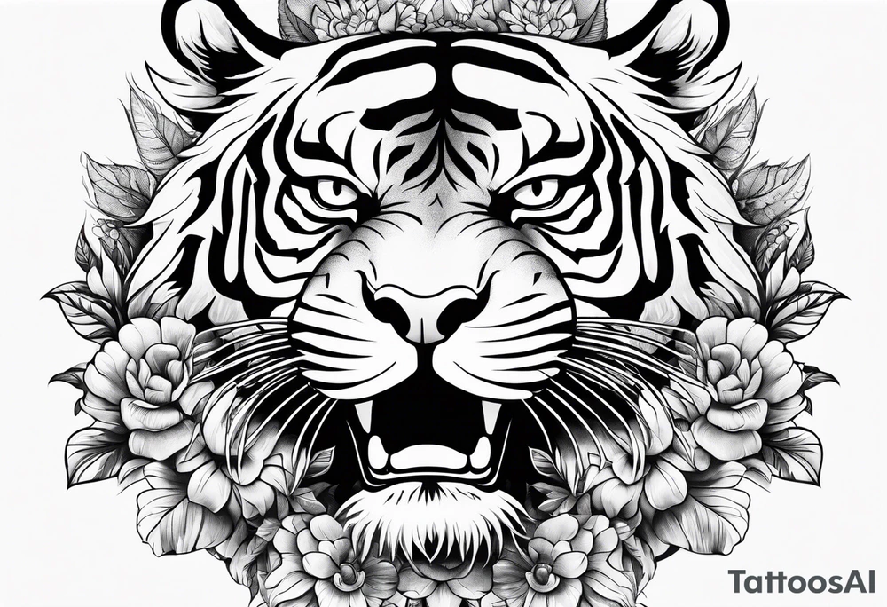 Flower with the middle as an open tiger mouth tattoo idea
