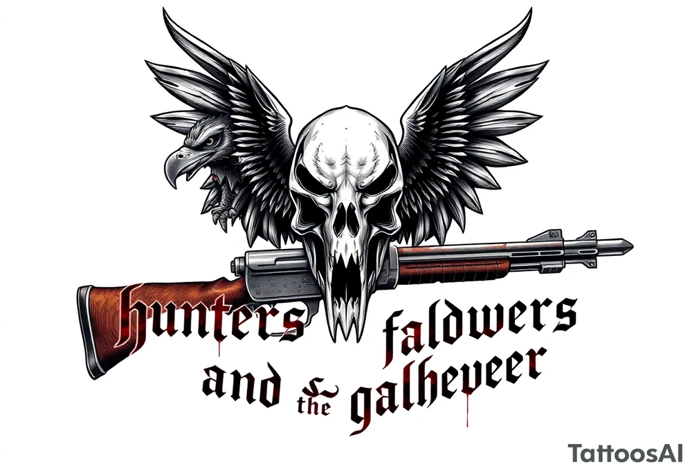Rabid demon wolf dragon eagle skull on standing futuristic gun hatchet "hunters and gatherers"written in bloody olde English tattoo idea
