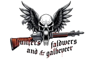 Rabid demon wolf dragon eagle skull on standing futuristic gun hatchet "hunters and gatherers"written in bloody olde English tattoo idea