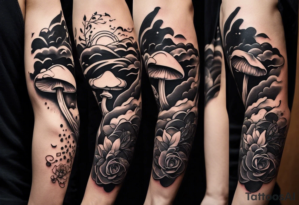 a simple line of icons down the back of the arm. there are four icons in this order:

1. a music note on a staff
2. a wave of water
3. a pocket
4. mushroom tattoo idea
