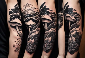 a simple line of icons down the back of the arm. there are four icons in this order:

1. a music note on a staff
2. a wave of water
3. a pocket
4. mushroom tattoo idea
