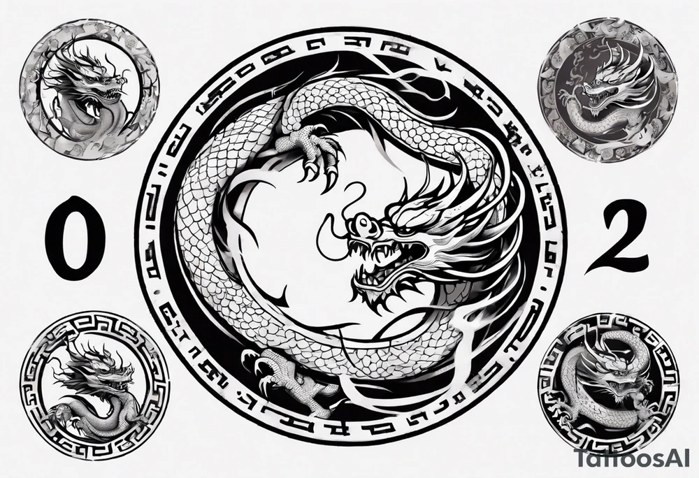 Chinese dragon in a circular shape with "02.03" written on its skin tattoo idea
