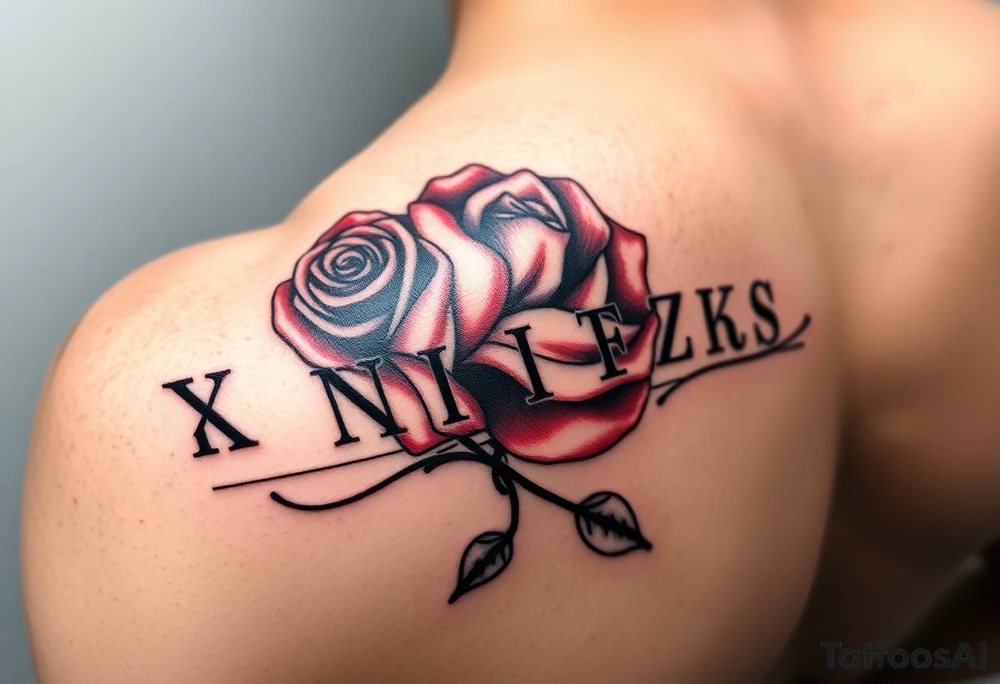Roman numeral tattoo wrapped around your upper arm/shoulder area inked in with red rose in the background of the words tattoo idea