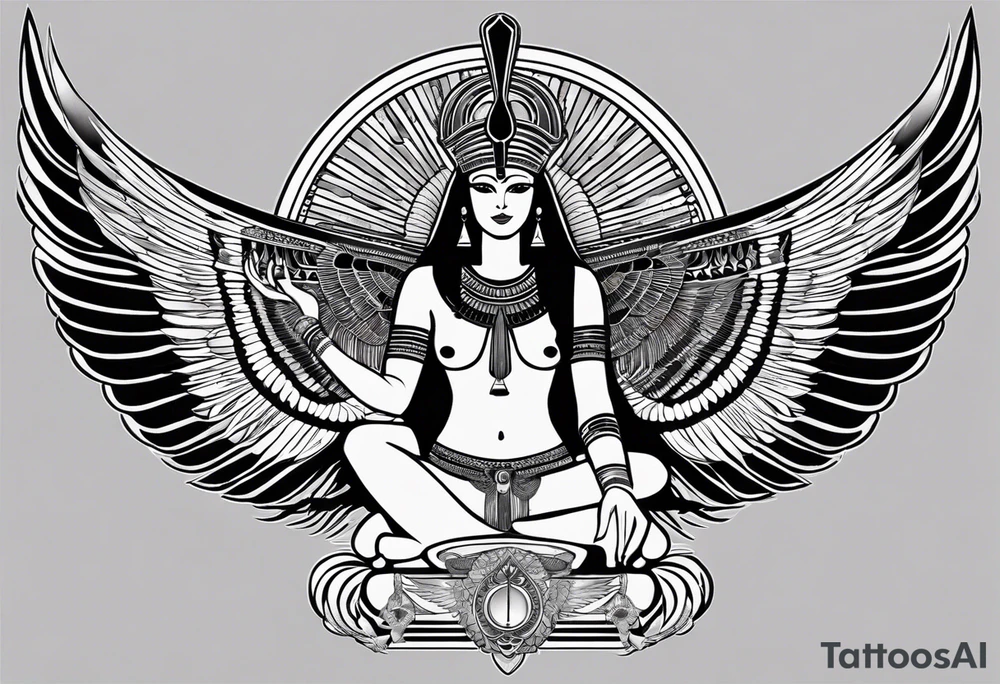 black and white Egyptian goddess Isis, who is often depicted as a woman with outstretched wings, holding an ankh (a symbol of life) in one hand and a lotus flower in the other. Her headdress often includes a throne or a solar disk. The tattoo design can vary in style and size, but it typically aims to capture the essence of this revered Egyptian deity, emphasizing her beauty, power, and maternal qualities. The choice of colors and additional elements can also be customized to create a unique and visually striking representation of the goddess Isis tattoo idea