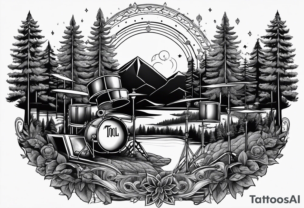 Tool band, drums, acoustic guitar, night, forest tattoo idea