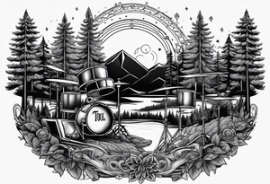 Tool band, drums, acoustic guitar, night, forest tattoo idea