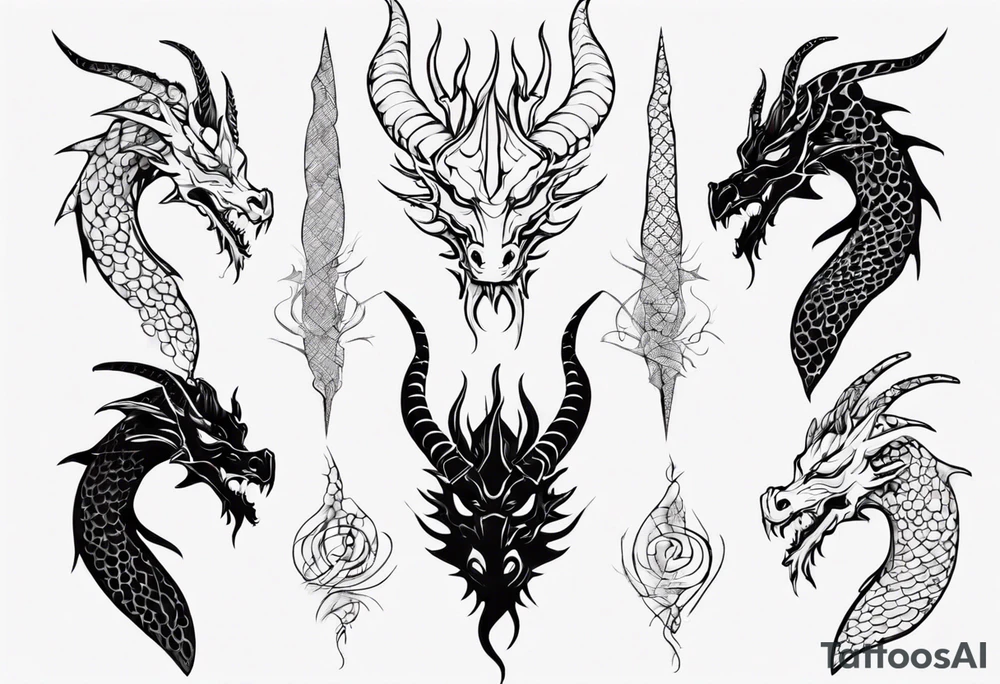 long dragon with horns, mane, scales tattoo idea