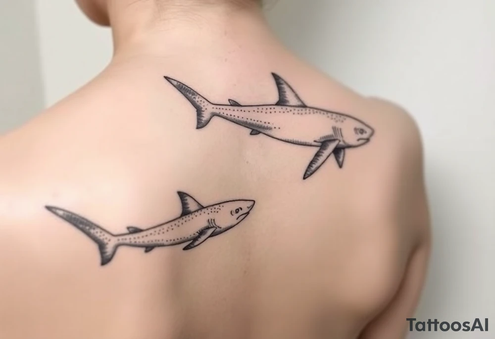 lemon shark and whale shark swimming along the spine tattoo idea