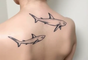 lemon shark and whale shark swimming along the spine tattoo idea