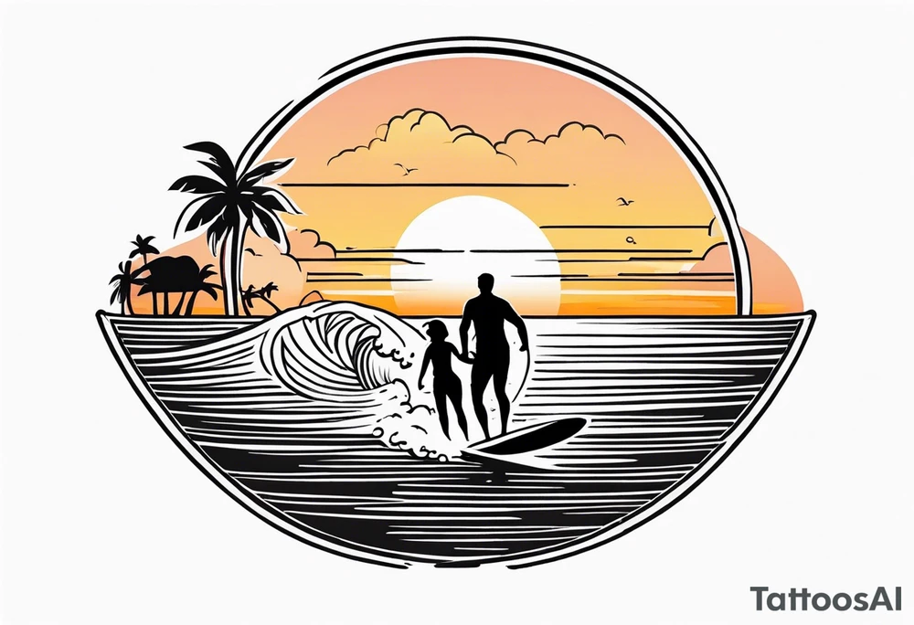 Black and white Line work tattoo depicting a father surfing in the sunset, and sharing his surfboard with his two daughters.  One daughter is on his shoulders and the other is holding his hand. tattoo idea