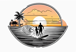 Black and white Line work tattoo depicting a father surfing in the sunset, and sharing his surfboard with his two daughters.  One daughter is on his shoulders and the other is holding his hand. tattoo idea
