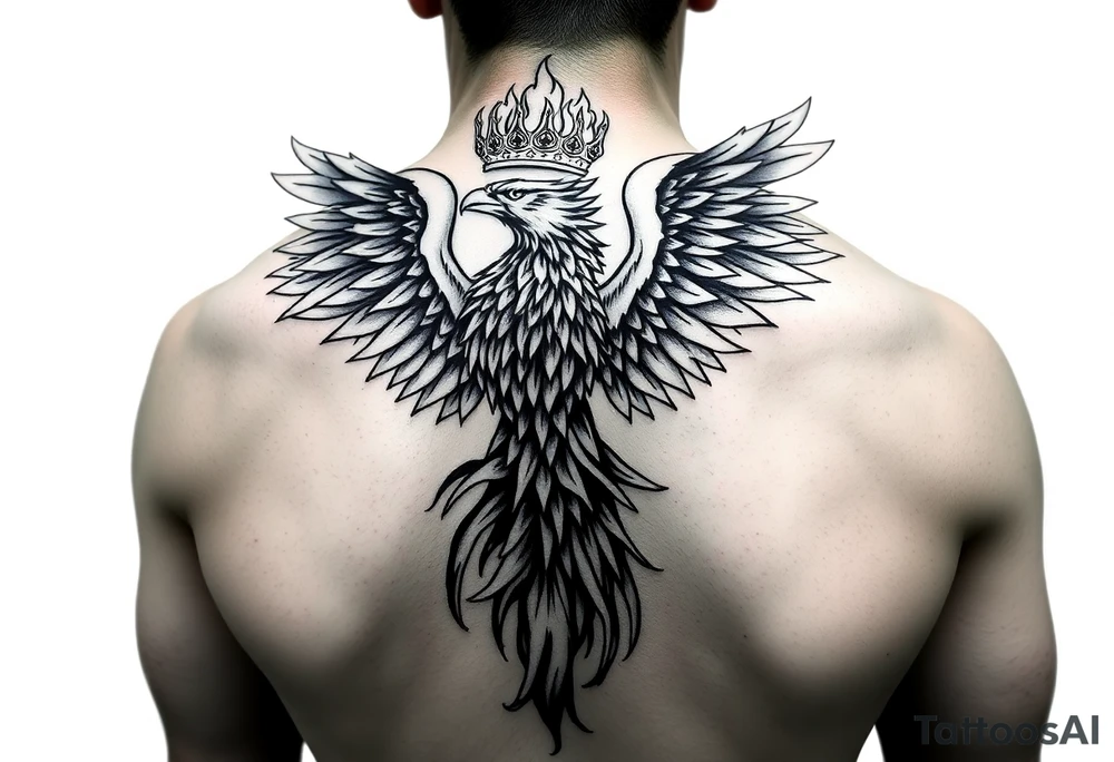 powerful majestic phoenix with crown of fire, with large wings tattoo idea