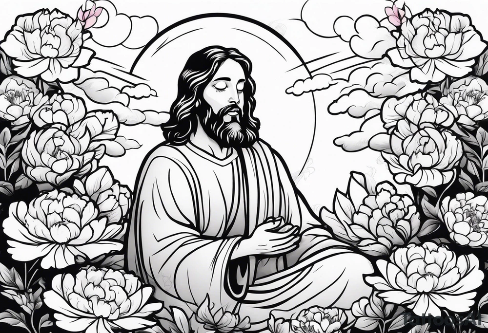 Jesus Christ praying in a peony garden and healed a blind man tattoo idea