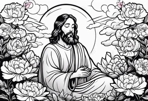 Jesus Christ praying in a peony garden and healed a blind man tattoo idea