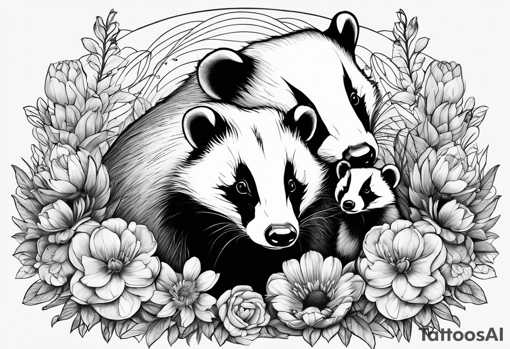 A badger with a cub in a field of flowers, realistic in center and getting more trippy towards the edges tattoo idea