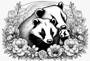 A badger with a cub in a field of flowers, realistic in center and getting more trippy towards the edges tattoo idea