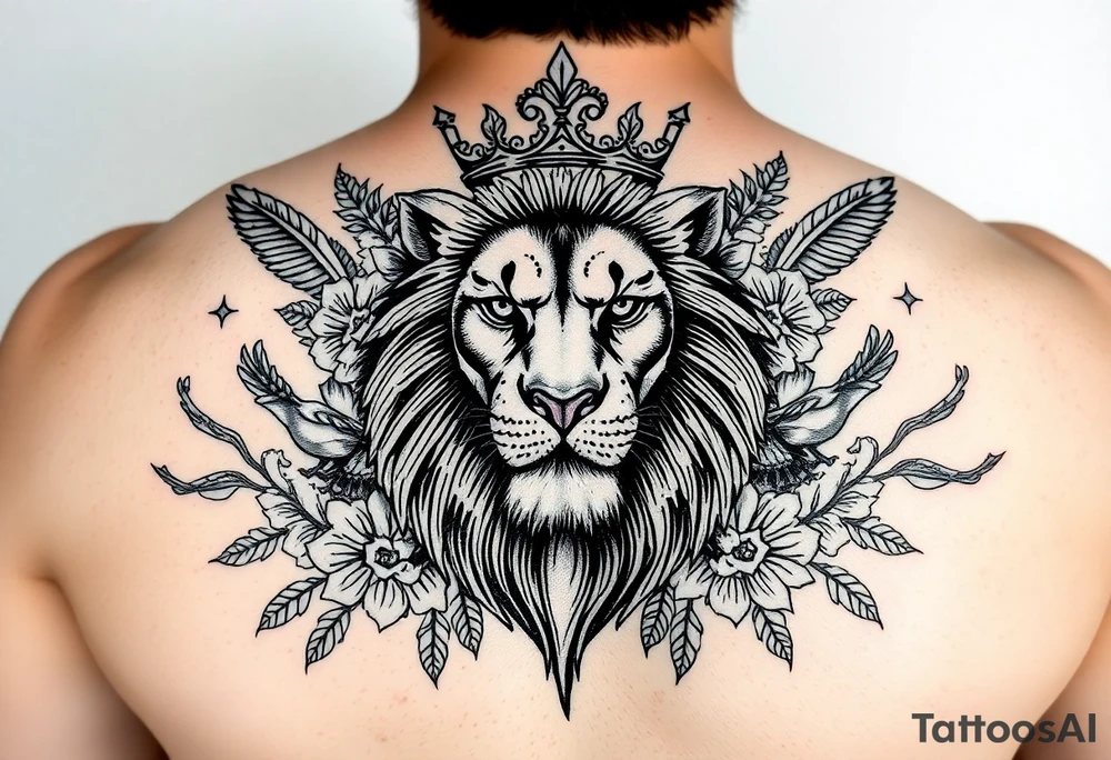 powerful majestic lion with a crown, surrounded by floral ornaments and birds tattoo idea