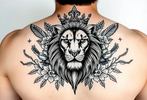 powerful majestic lion with a crown, surrounded by floral ornaments and birds tattoo idea