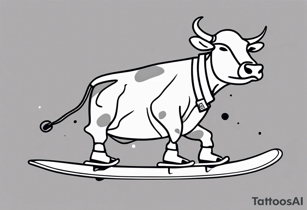 Generate a minimalist and simple black and white tattoo design featuring a joyful cow snowboarding, wearing goggles. Focus on essential lines and details to convey the playful spirit of the scene. The cow should exude confidence while effortlessly snowboarding down a snowy slope. Keep the design clean and uncluttered, suitable for a small to medium-sized tattoo space. Emphasize the charm and whimsy with the addition of goggles, ensuring the overall aesthetic remains simple and minimalistic. The goal is to create a visually appealing and easily recognizable tattoo that captures the essence of a cow enjoying a snowboarding adventure tattoo idea