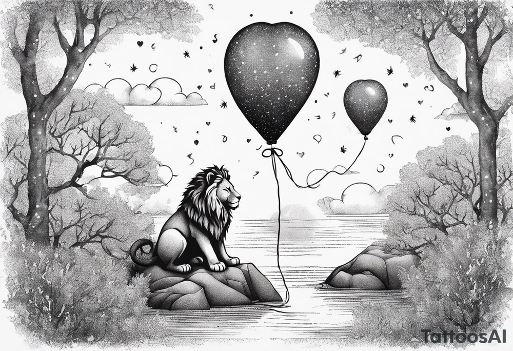 tatoo in sketch style only.
A little lion boy is holding a string to the hearth shaped small party baloon.
lion boy should be drawed from behind and has one hand reaching up in 45 degree angle and holding the baloon string
On the string is a wave which look like a hearbeat pulse.
draw it without any scenery, without any background. Just a boy 
Add heartbeat pulse on the string tattoo idea
