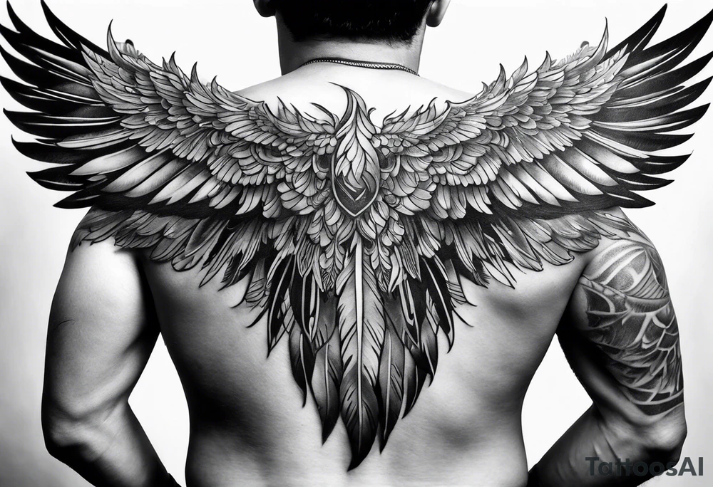 wings tattoo extending from a mens shoulders, covering the upper arms and upper back. The feathers are intricately detailed, with soft shading in black and gray to create depth and texture. tattoo idea