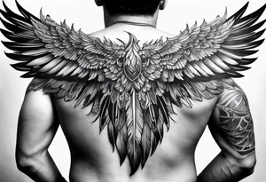wings tattoo extending from a mens shoulders, covering the upper arms and upper back. The feathers are intricately detailed, with soft shading in black and gray to create depth and texture. tattoo idea